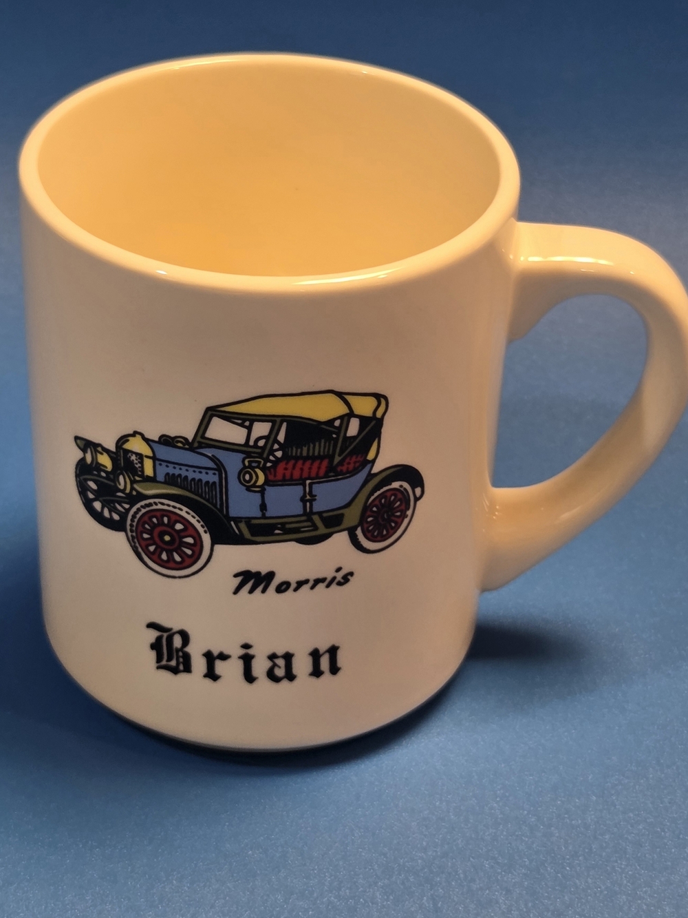 Personalized Cream Ceramic Mug with Vintage Car Design